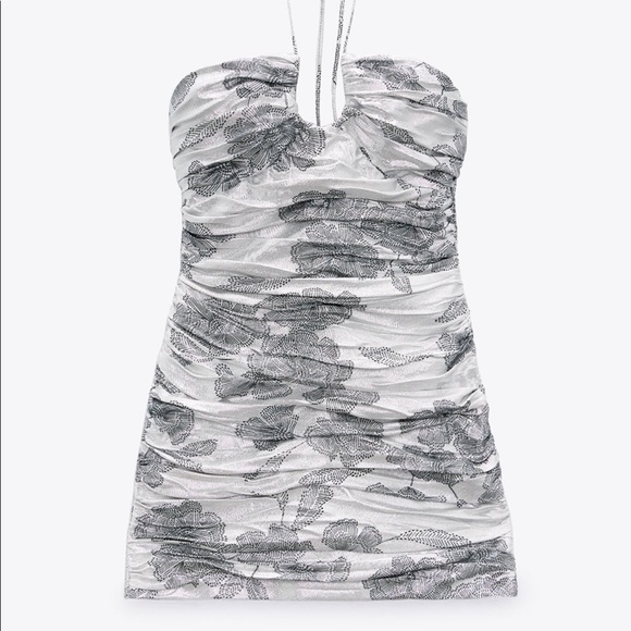 NWT Zara Metallic Mini Dress with Tie Neck - Picture 3 of 5
